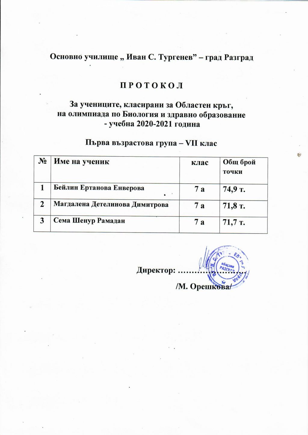 Класирани ученици за Областен кръг на олимпиадата по Биология и здравно обаразование - ОУ Иван Сергеевич Тургенев - Разград